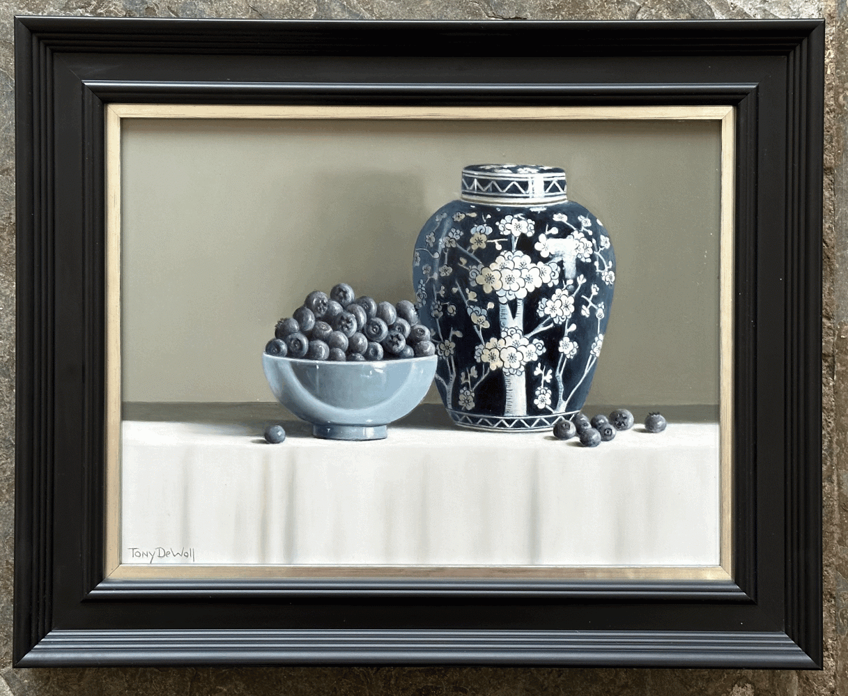 Tony  De Wolf Chinese Jar & Blueberries in Blue Bowl
