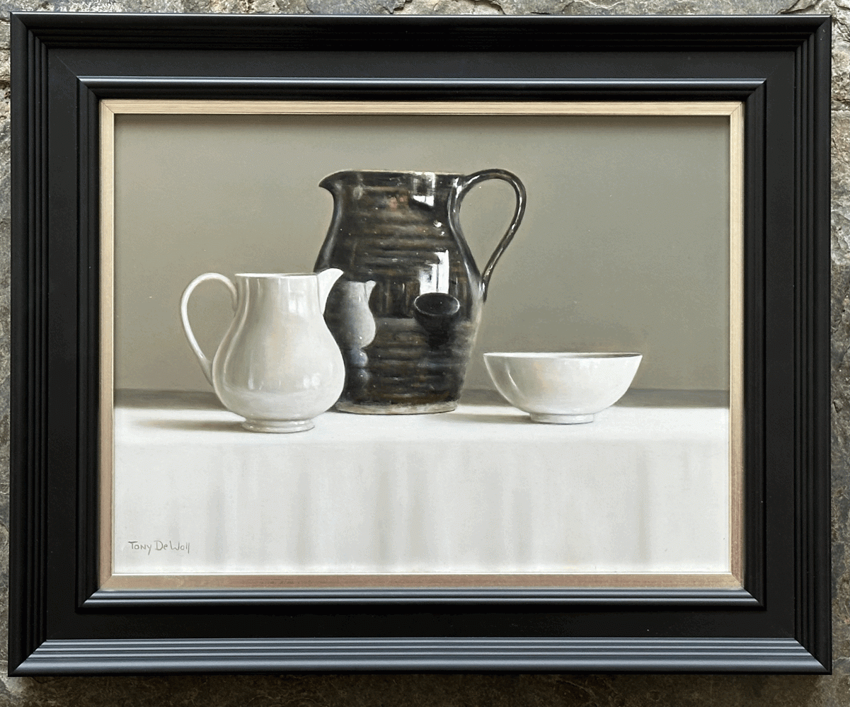 Tony  De Wolf Black Jug, White Jug & White Bowl